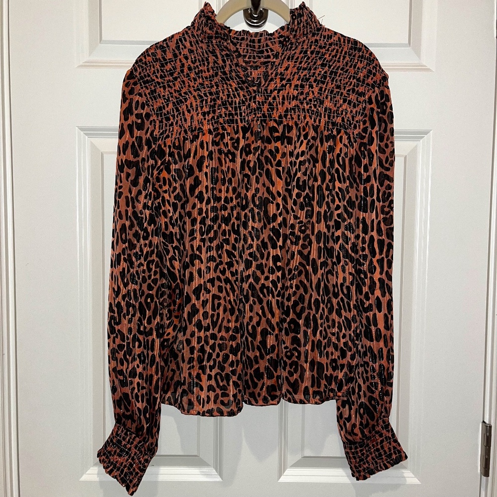Free People Hello There Smocked Top Womens L Leopard Mock Neck Long Sleeve NWT